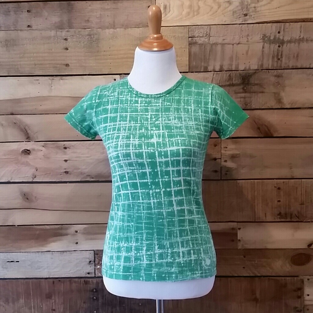 Hand bleached The Girl In Grey t-shirt Green & white windowpane in size S